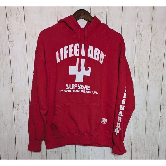 Surf Style Tops - Red Lifeguard Hoodie Surf Style Ft Walton Beach Florida Sweatshirt Size L